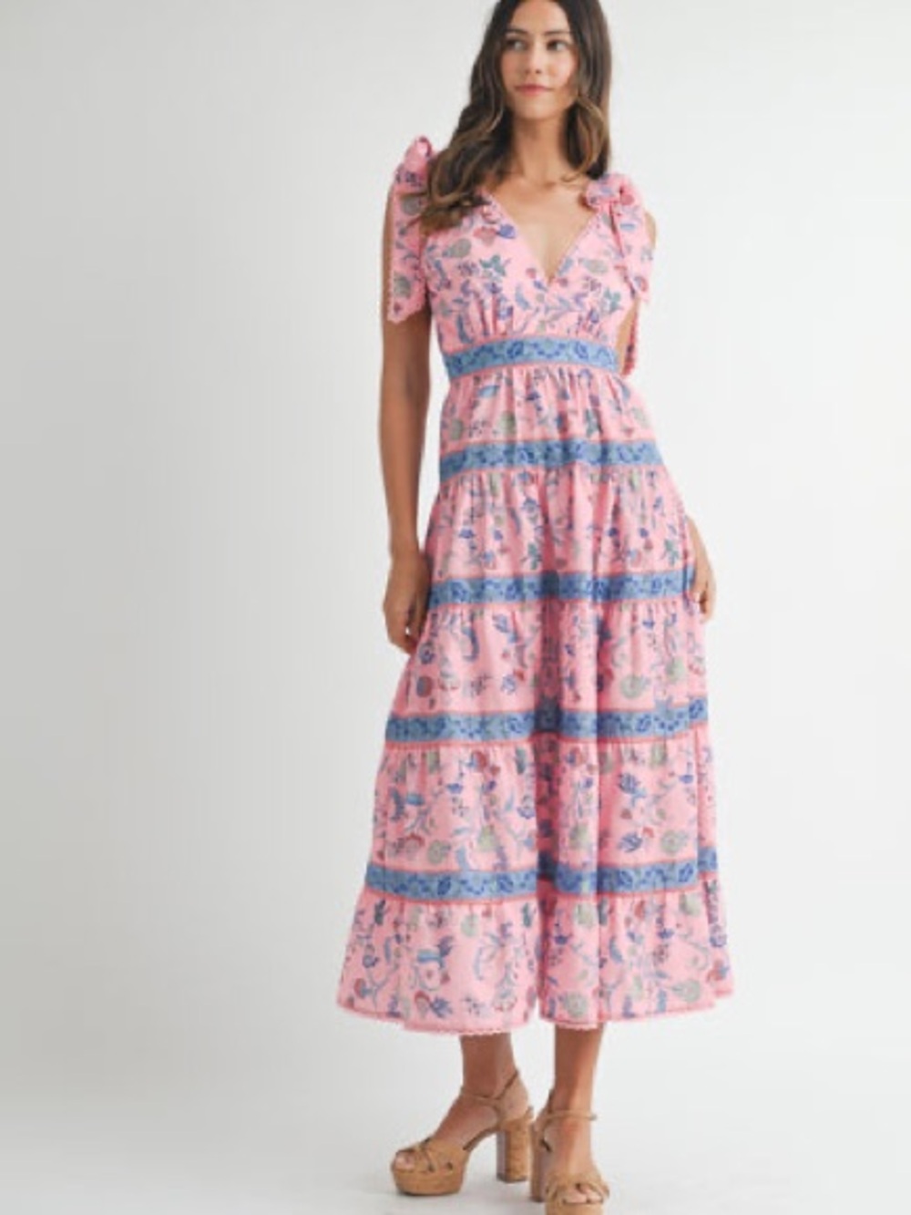 Mable Pink Floral Tiered Midi Dress with Blue Trim